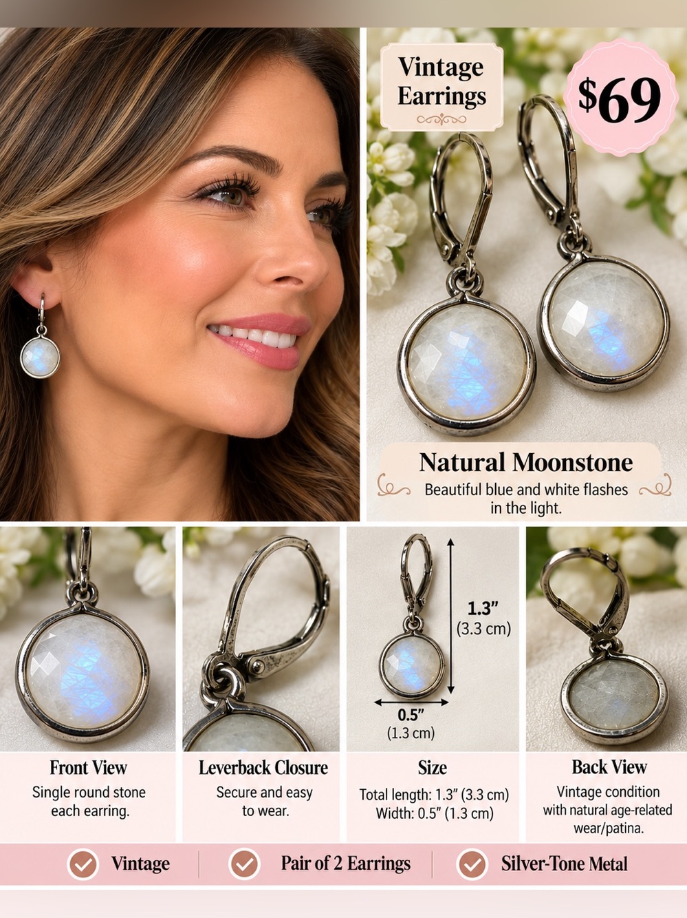 Vintage Silver Moonstone Drop Earrings - White Moonstone
